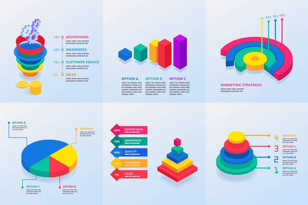 Sei Modelli Infografica Presentazione Marketing Con Piramide Imbuto Diagrammi Multicolori — Vettoriale Stock