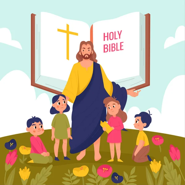 Jézus Krisztus Gyerekek Háttér Szent Biblia Szimbólumok Lapos Vektor Illusztráció — Stock Vector