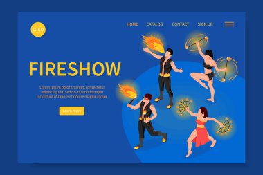 Fireshow people izometrik web sitesi ateş dansı sembolleri vektör illüstrasyonuyla