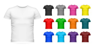 Gerçekçi t-shirt modelleme renk simgesi beyaz siyah gri sarı kırmızı turuncu yeşil koyu mavi mavi mavi mor ve kahverengi renk vektör çizimi
