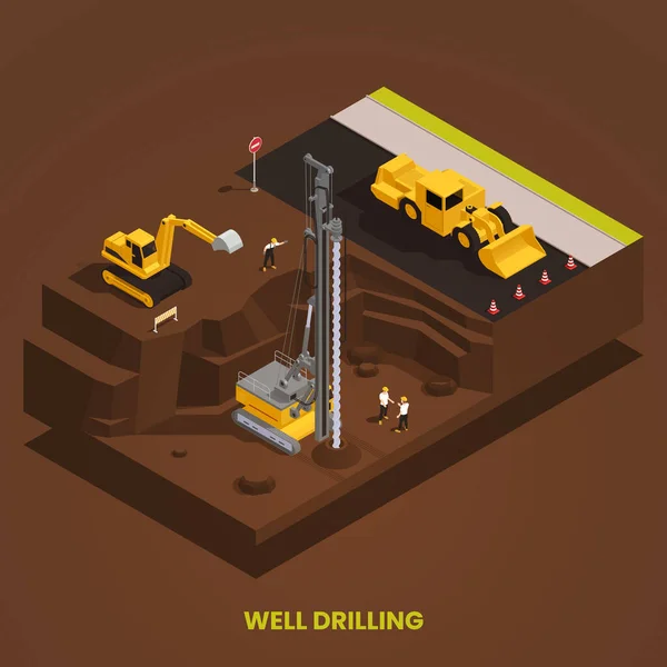 Well Drilling Foundation Pit Drill Rig Excavator Isometric Composition Brown — 图库矢量图片