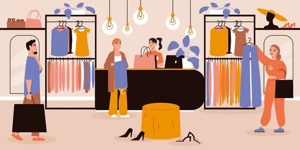 Fashionable Boutique Store Trendy Clothes Flat Vector Illustration — Stok Vektör