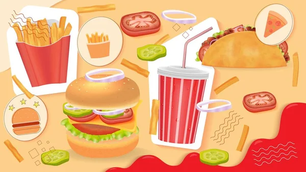 Rychlé Občerstvení Koláž Realistickým Burger Pita Chips Plastové Pohár Zelenina — Stockový vektor