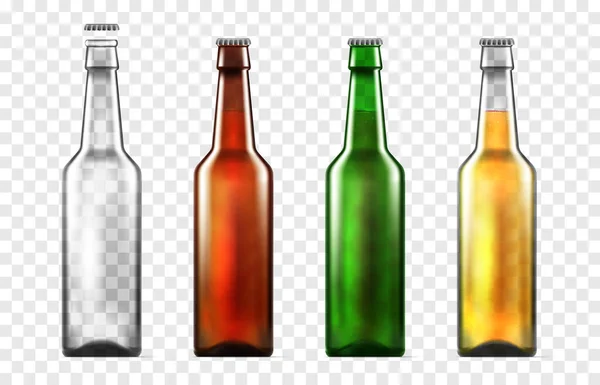 Realistic Beer Mockup Bottles Icon Set Four Beer Bottles Clear — Stockvektor