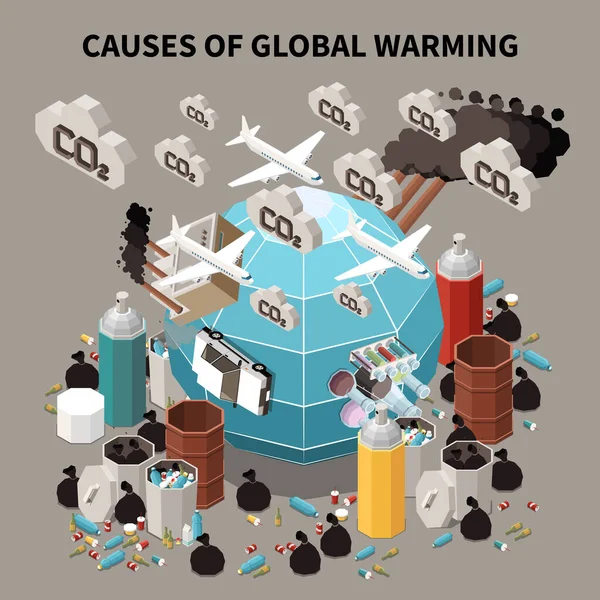 Causes Global Warming Isometric Background Illustrated Climate Change Effect Human — Stok Vektör