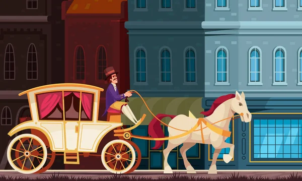 Vintage Voertuig Cartoon Vector Illustratie Met Koetsier Oude Victoriaanse Wagen — Stockvector