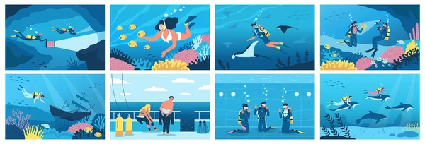 Potápění Šnorchlování Plochý Plakát Set Sportovci Plavání Pod Mořem Izolované — Stockový vektor