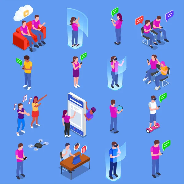 Generation Isometric Icons Set Young People Using Different Modern Devices — Image vectorielle