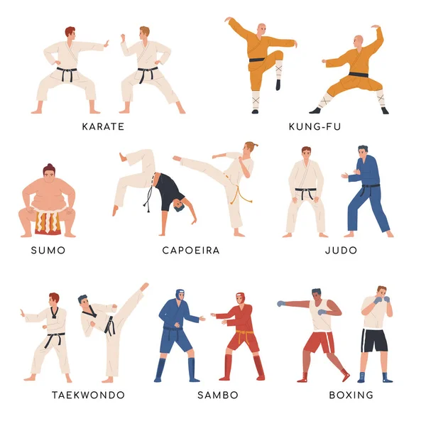 Combatientes Iconos Planos Con Taekwondo Karate Otros Deportistas Artes Marciales — Archivo Imágenes Vectoriales