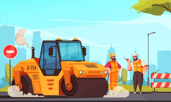 Road Repair Flat Composition Brigade Workers Road Roller Making Paving — Stockvektor