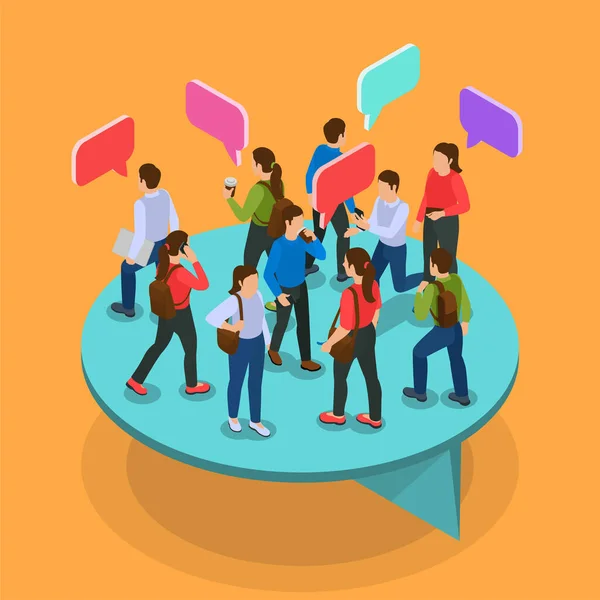 Community Isometric Orange Background Group Walking Young People Colored Dialog — Vector de stock