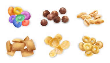 Kahvaltılık gevrek gerçekçiliği, halka topları ve kabarık mısır gevreği izole edilmiş vektör çizimi.