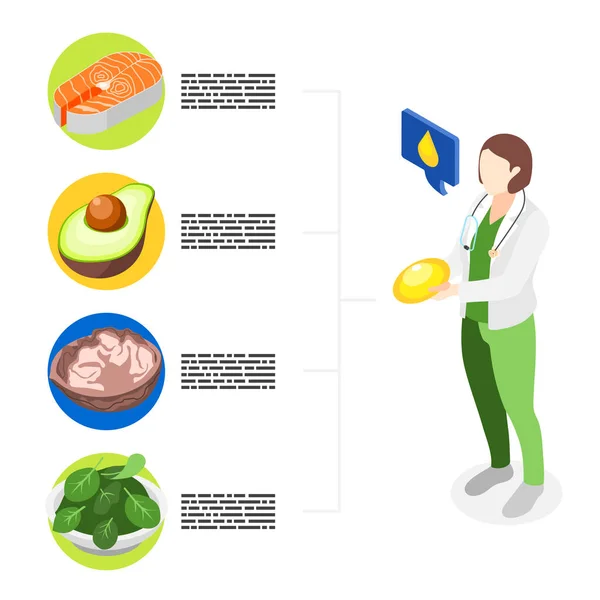 Fondo Isométrico Omega Con Productos Alimenticios Saludables Vector Ilustración — Vector de stock