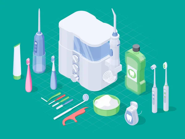 Isometrischer Hintergrund Der Zahnhygiene Mit Mundhygieneprodukten Und Reinigungstools Vektor Illustration — Stockvektor