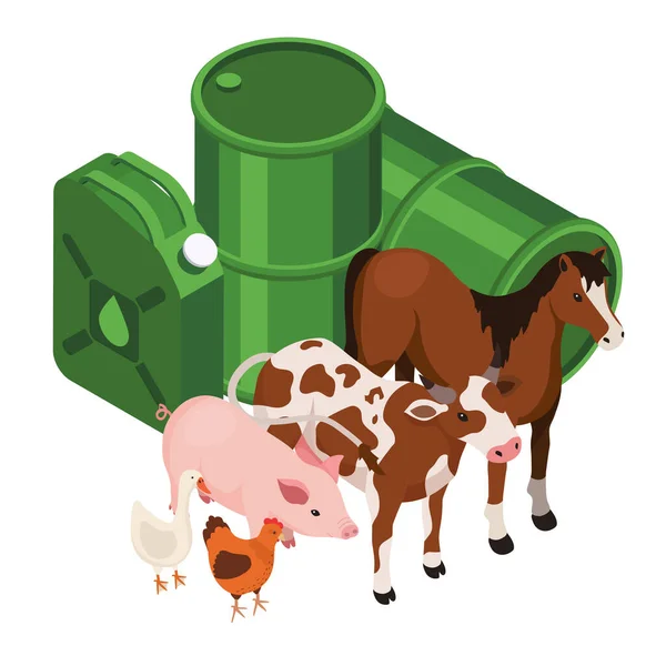 Bio Fuel Production Isometric Composition Storage Cans Canister Horse Cow — Stockvector