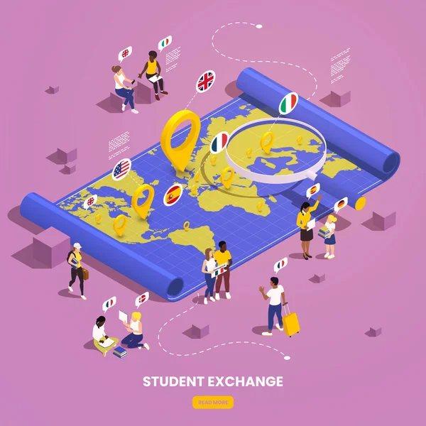 Global Education Student Exchange Isometric Composition Paper Map Earth Location — ストックベクタ