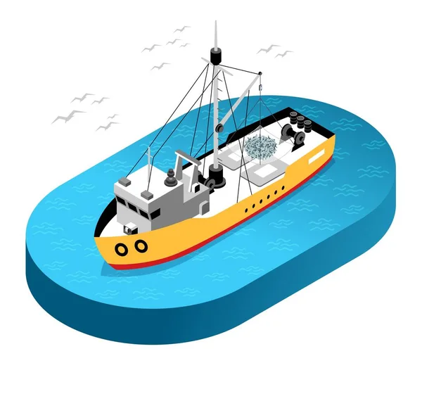 Изометрическое Коммерческое Рыболовное Судно Сеткой Море Летающими Чаями Векторная Иллюстрация — стоковый вектор