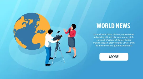 World News Isometric Horizontal Web Banner Globe Professional Studio Workers — Stockvektor