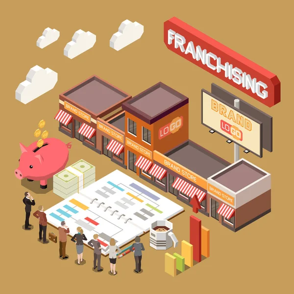 Franchising Isometric Background Business Model Branch Network Finance Profit Royalties — Vettoriale Stock