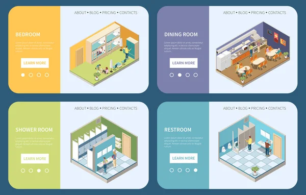 Hostel Isometric Landing Pages Providing Information Bedroom Shower Room Restroom — 图库矢量图片