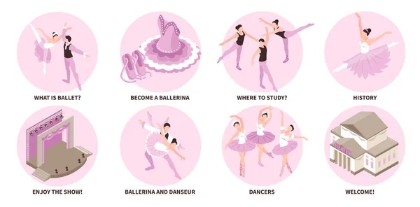 Isometric Ballet Composition Set Ballerinas Danseurs Isolated Vector Illustration — Image vectorielle