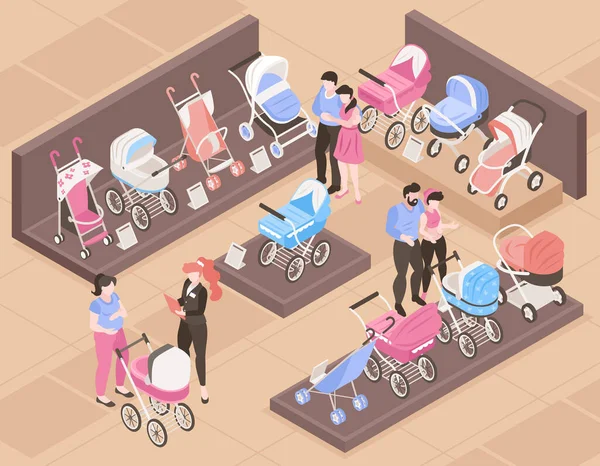 Isometric Baby Carriage Store Concept Parents Choosing Strollers Vector Illustration — Stock vektor