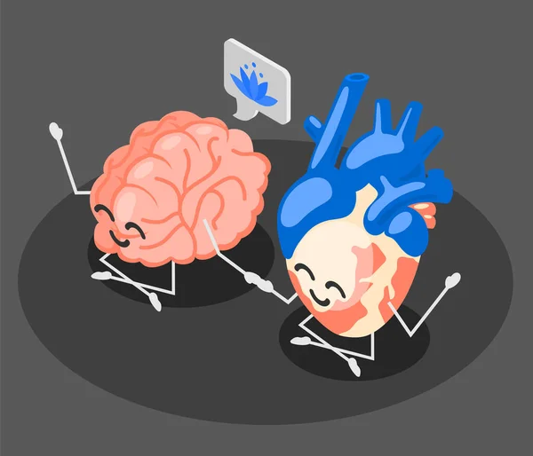Mindfulness Meditation Isometric Background Composition Characters Cheerful Human Brain Heart — Wektor stockowy