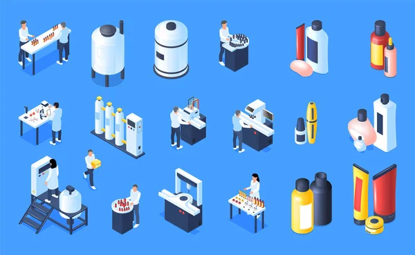 Cosmetics Production Color Set Laboratory Factory Equipment Finished Products Isometric —  Vetores de Stock