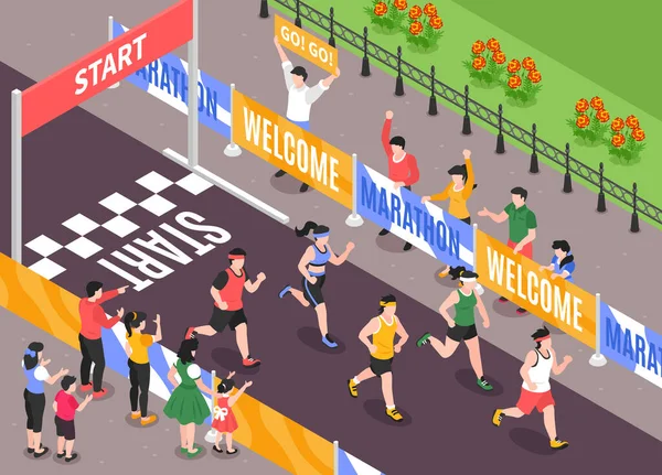 Isometric Marathon Concept People Cheering Running Sportsmen Vector Illustration — Stockvector