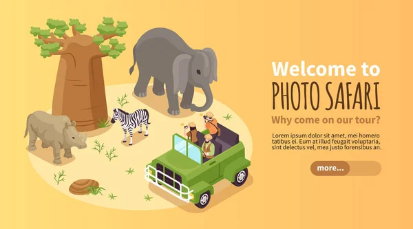 Isometric Photo Safari Horizontal Banner Travelers Making Photos Wild Animals — Vetor de Stock
