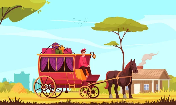 Horse Drawn Carriage Colored Rustic Background Coachman Delivering Passengers Luggage — 图库矢量图片
