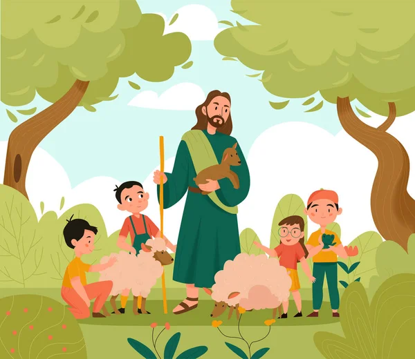 Ježíš Kristus Děti Pozadí Biblí Jehněčí Symboly Ploché Vektorové Ilustrace — Stockový vektor