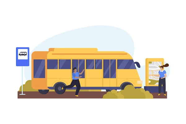 Плоский Фон Общественного Транспорта Двумя Персонажами Автобуса Векторной Иллюстрацией Карты — стоковый вектор