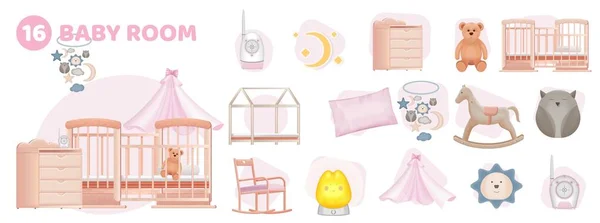 Realistic Baby Room Composition Set Furniture Items Toys Interior Elements — 图库矢量图片