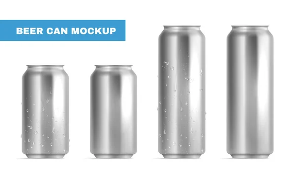 Realistic Beer Can Mockup Icon Set Silver Aluminum Cans Condensation — 图库矢量图片