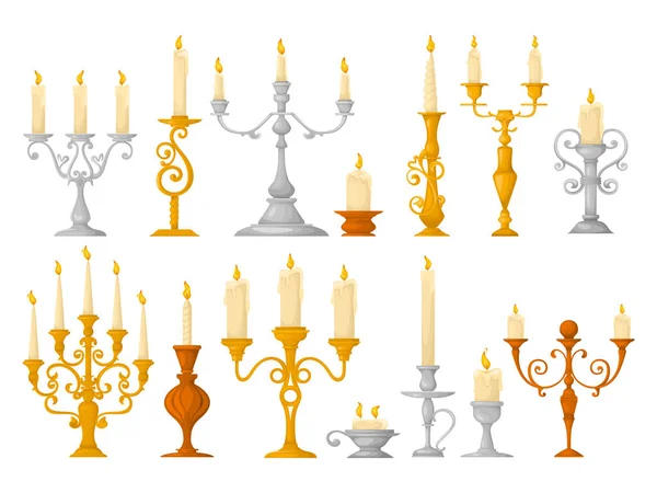 Retro Candle Holders Chandelier Set Isolated Images Baroque Design Lights — Stockvektor