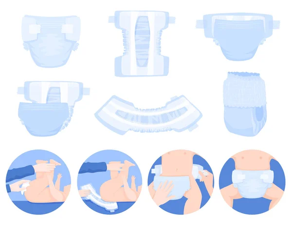 Baby Diaper Flat Set Isolated Views Infant Underwear Stages Changing - Stok Vektor