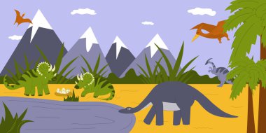 Dinosaur cartoon colored background with ancient flying and armored animal characters flat vector illustration