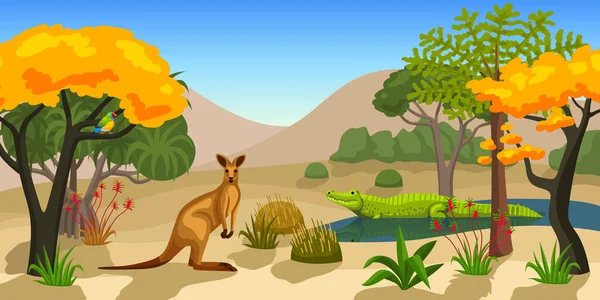 Australian Animals Landscape Background Kangaroo Crocodile Amadina Exotic Trees Plants — Vetor de Stock