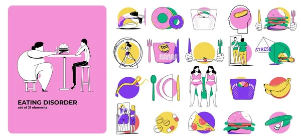 Eating Disorder Set Isolated Compositions Flat Conceptual Icons Food Human — ストックベクタ