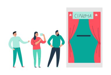 İzole edilmiş film görüntüleri ve düz karalama tarzı insan karakterleri çizimi içeren sinema filmi kompozisyonu