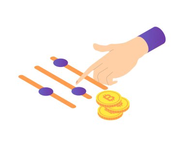 Altın para ve altyapı elementlerinin izole edilmiş görüntülerine sahip Isometric kripto para birimi bileşimi vektör illüstrasyonuName