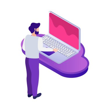 Ağ altyapı vektörü illüstrasyonunun insan karakteri ve konsept simgeleriyle veri tabanı izometrik bileşimi