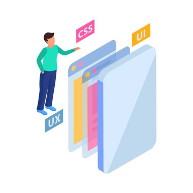 Yapı elemanları ve karakter vektör illüstrasyonuyla Web geliştirme izometrik konsepti