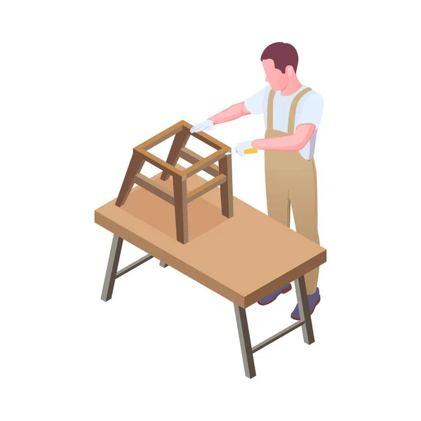 Producción Muebles Composición Isométrica Con Carácter Trabajador Ilustración Vectorial Uniforme — Vector de stock