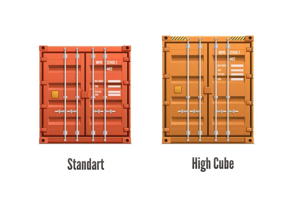 Two Isolated Realistic Cargo Containers Different Colour Size Captions Vector — стоковый вектор