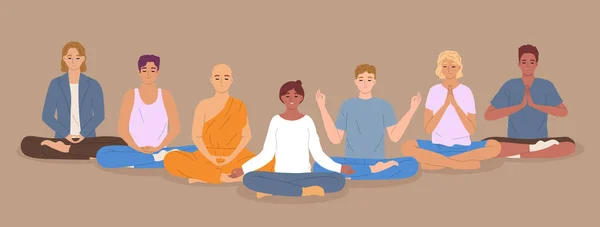 Mindfullness Flat Concept Group Meditation Lotus Pose Vector Illustration — Vetor de Stock