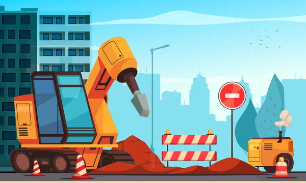 Road Repair Urban Background Modern Special Machinery Blocked Roadway Cartoon —  Vetores de Stock