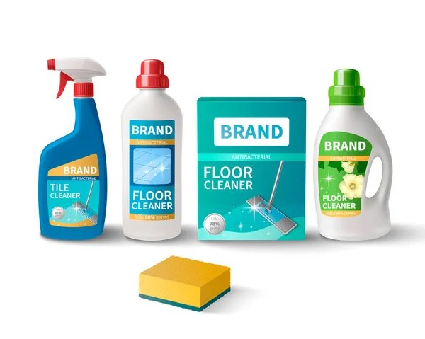 Household Cleaning Products Realistic Composition Detergent Containers Sponge Vector Illustration — 图库矢量图片