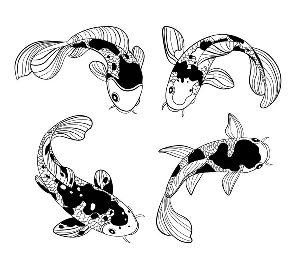 Koi Fish Black White Drawing Flat Isolated Vector Illustration - Stok Vektor